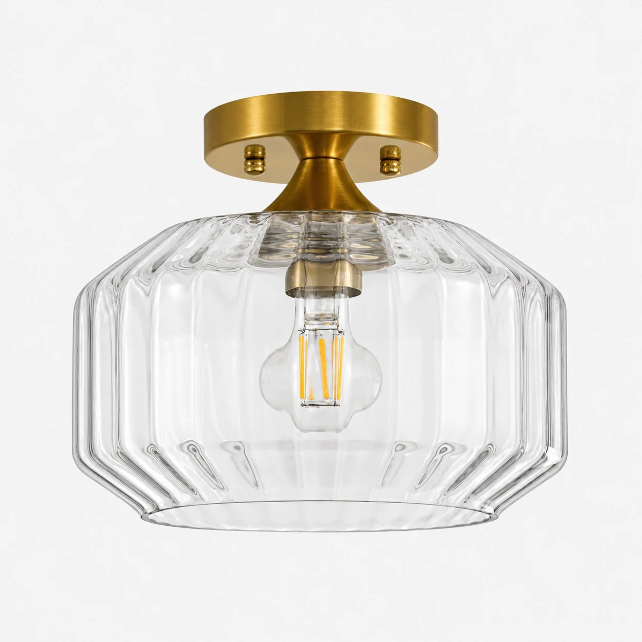 Clear large ribbed glass semi-flush ceiling light with brushed brass canopy