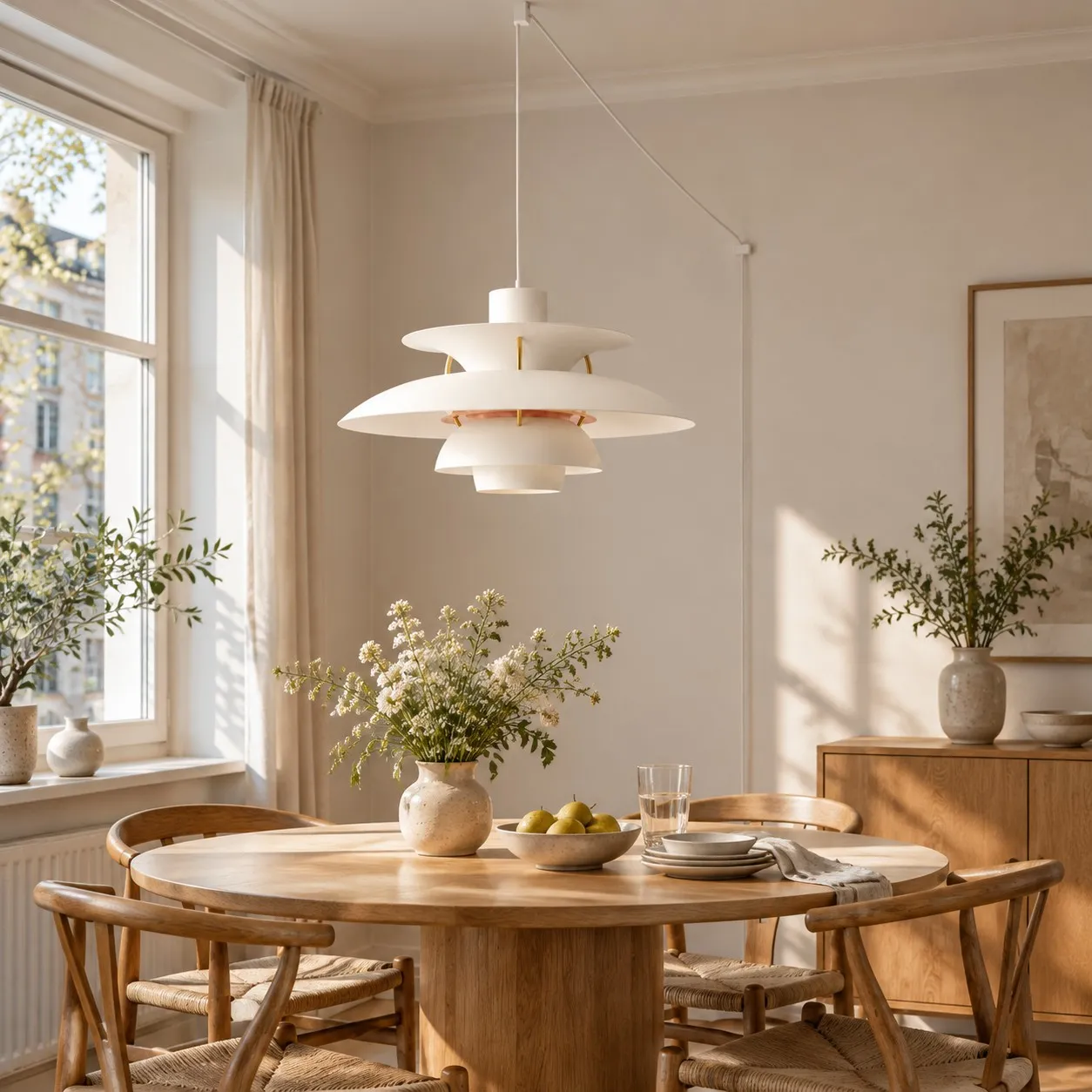 Witte Classic hanglamp met stekker boven een eettafel