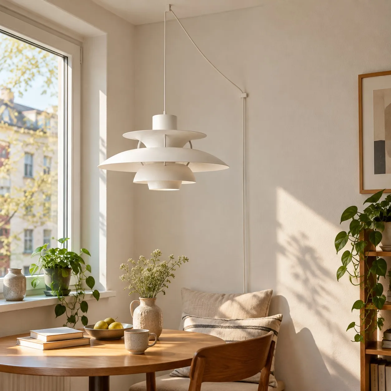 Witte Classic hanglamp met stekker in een leeshoek