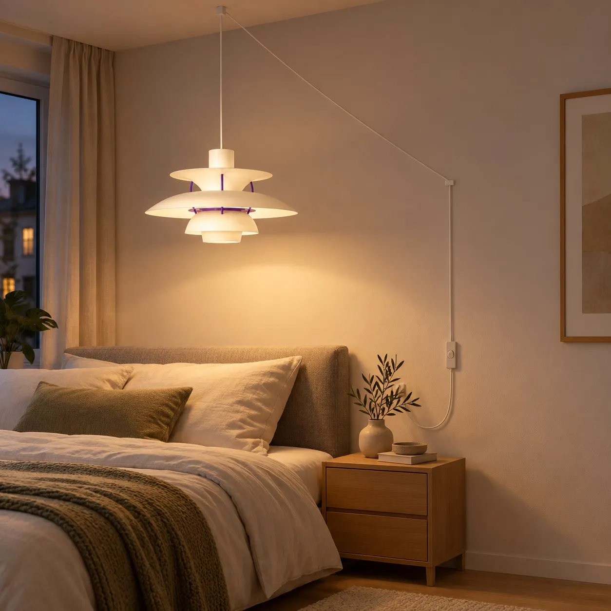 Witte Classic hanglamp met stekker in een slaapkamer