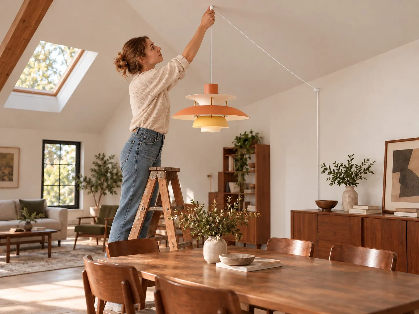 De witte Classic-pendellamp met stekker installeren, inclusief plafondhaak en kabel.