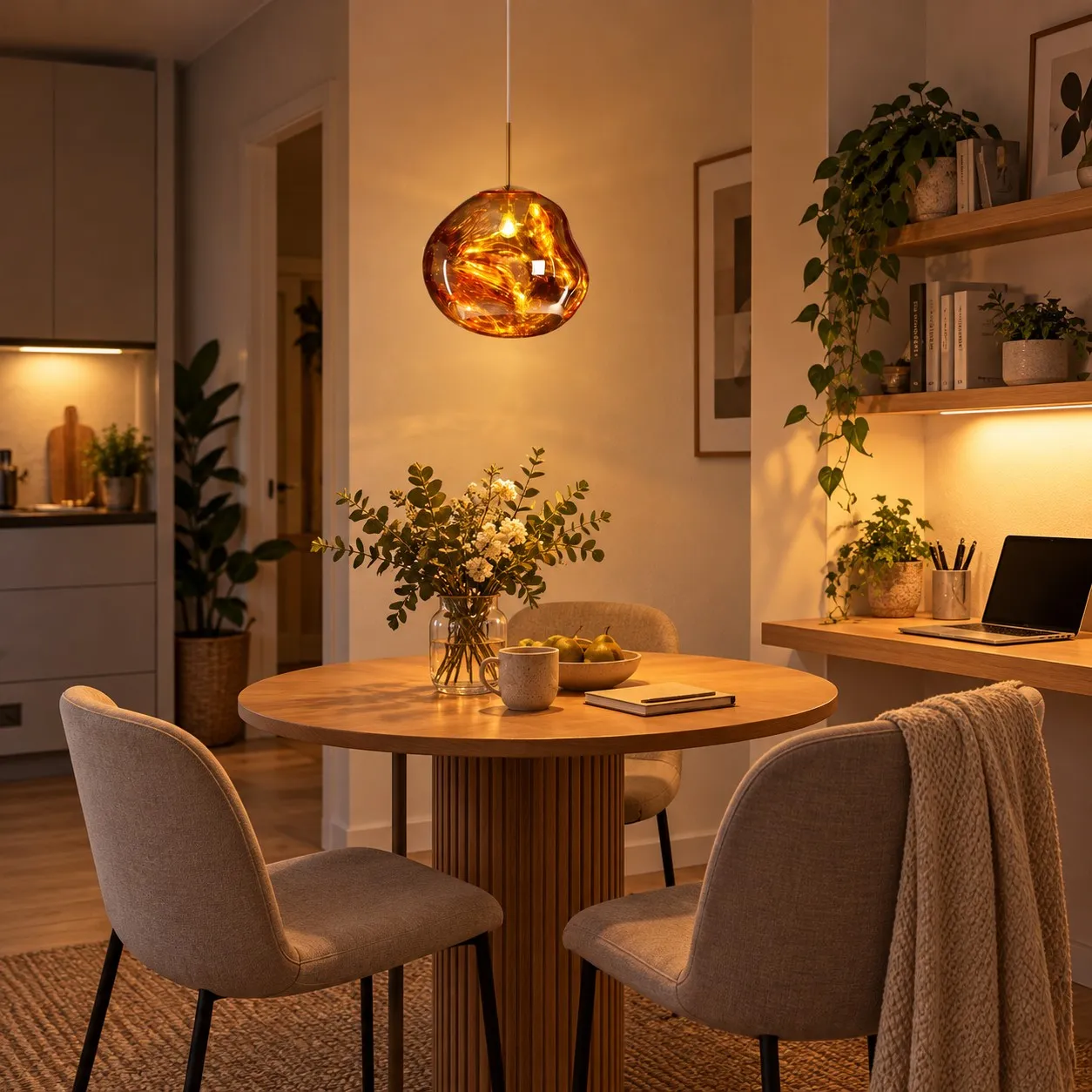 Hanglamp met stekker van gesmolten PVC in een compacte eet- en werkhoek in een appartement