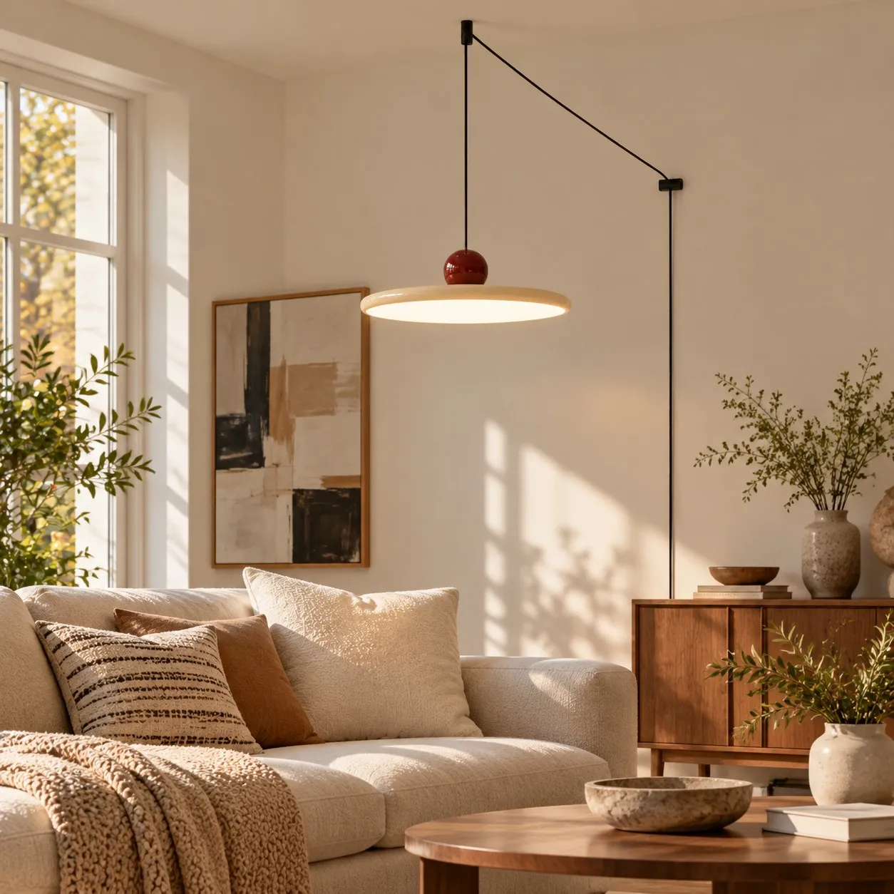 Lola acryl schijf hanglamp met stekker als woonkameraccent met natuurlijk snoer