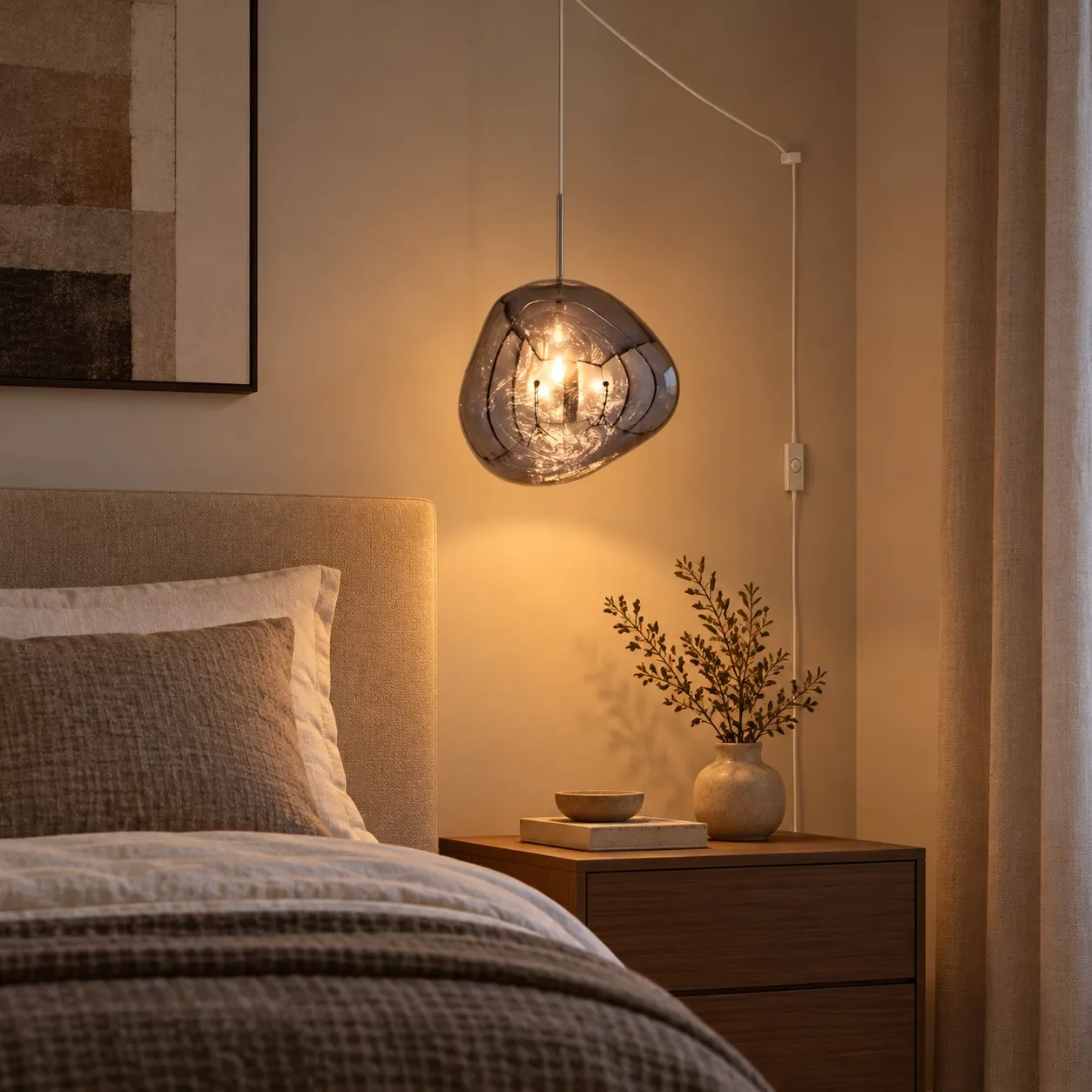 Hanglamp met stekker van gesmolten PVC naast het bed, met een nette, zichtbare kabel.