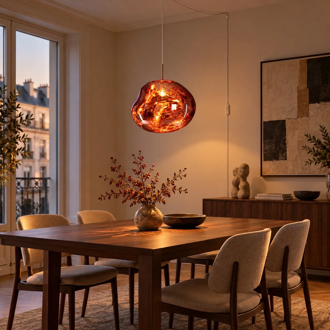 Hanglamp met stekker van gesmolten PVC boven een eettafel, met natuurlijke kabelgeleiding.