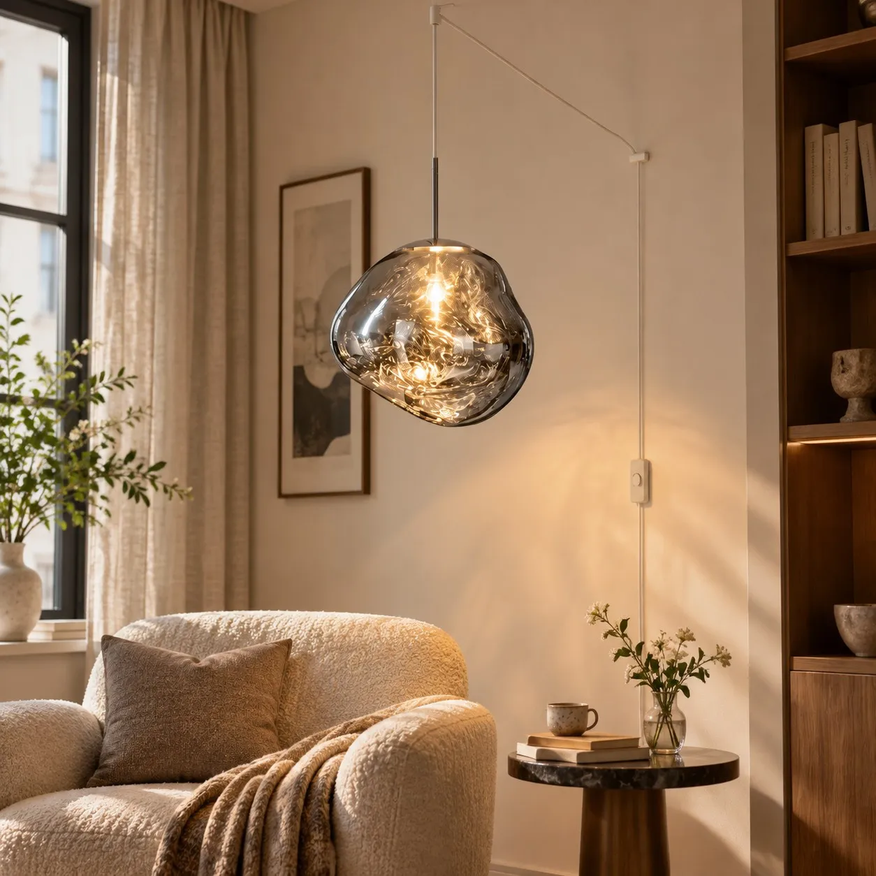 Hanglamp van gesmolten PVC met stekker boven een leeshoek, voorzien van een schakelaar in het snoer en een natuurlijke kabel.