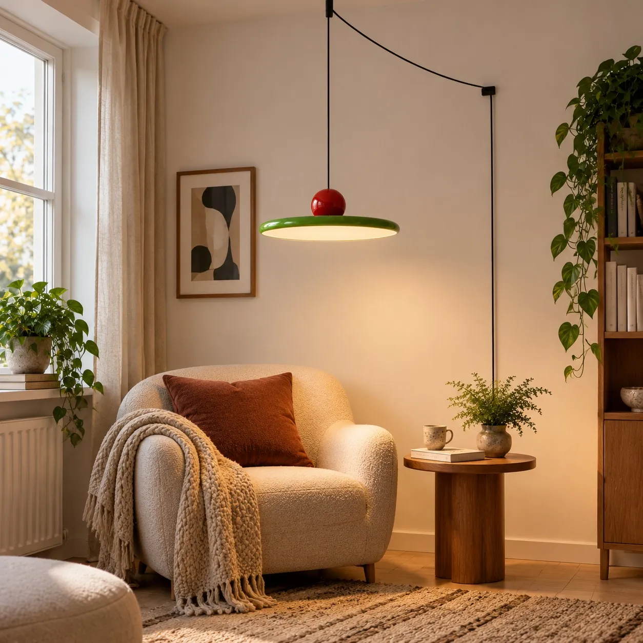 Lola acryl schijf hanglamp met stekker boven een leeshoek met natuurlijke snoergeleiding