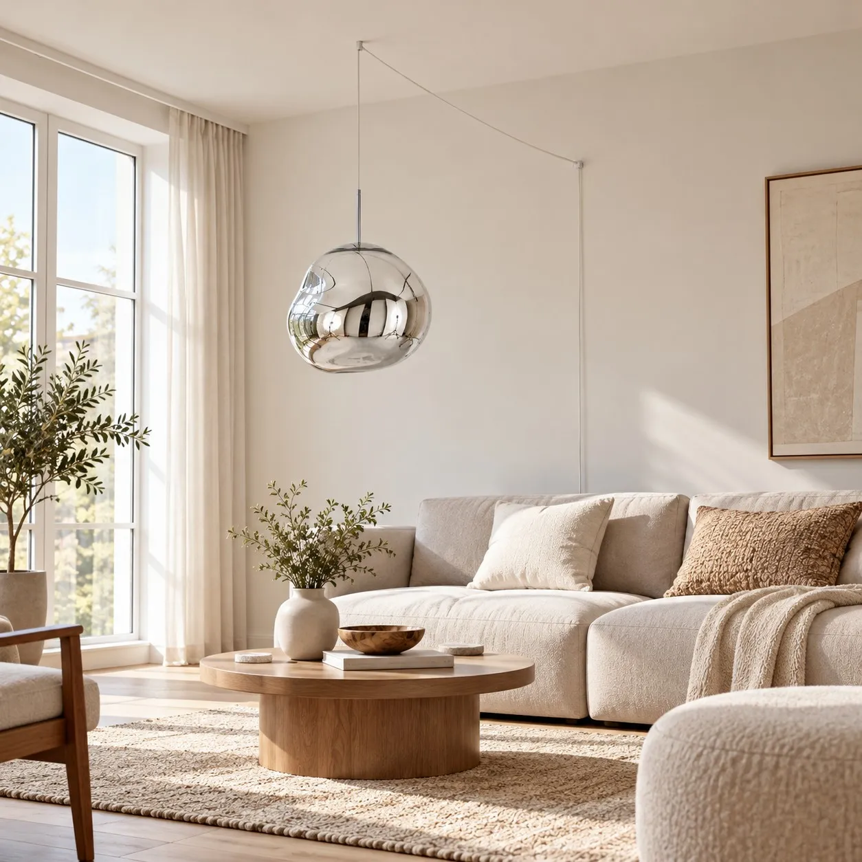 Silver Melt PVC-pendellamp met stekker in een lichte woonkamer bij daglicht.