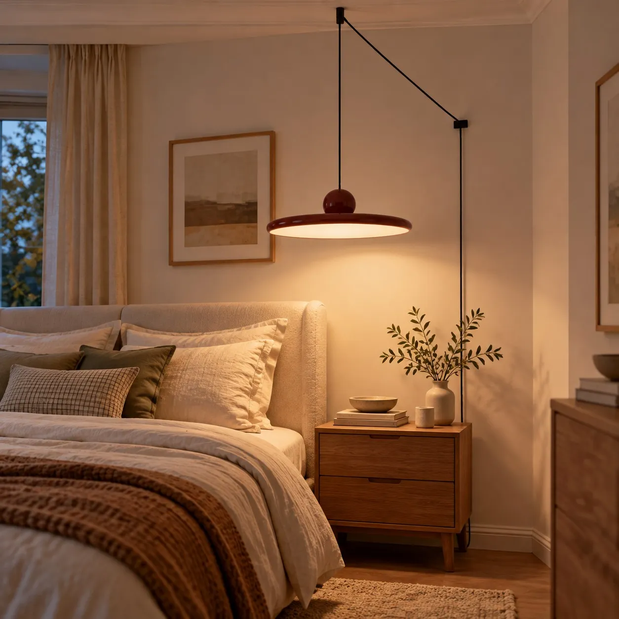 Lola acryl schijf hanglamp met stekker naast een bed met warm licht en zichtbaar snoer