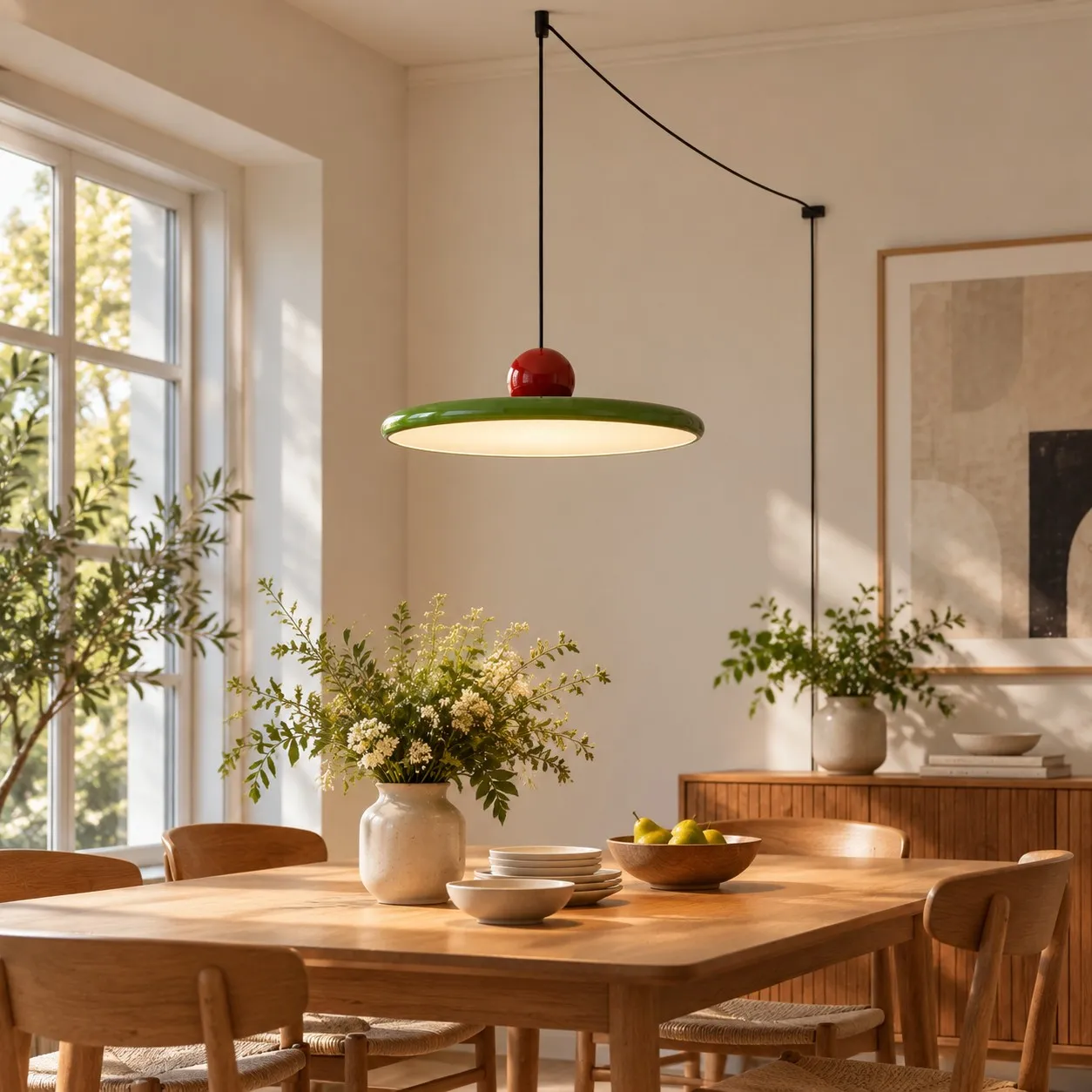 Lola acryl schijf hanglamp met stekker boven een eettafel met nette snoergeleiding