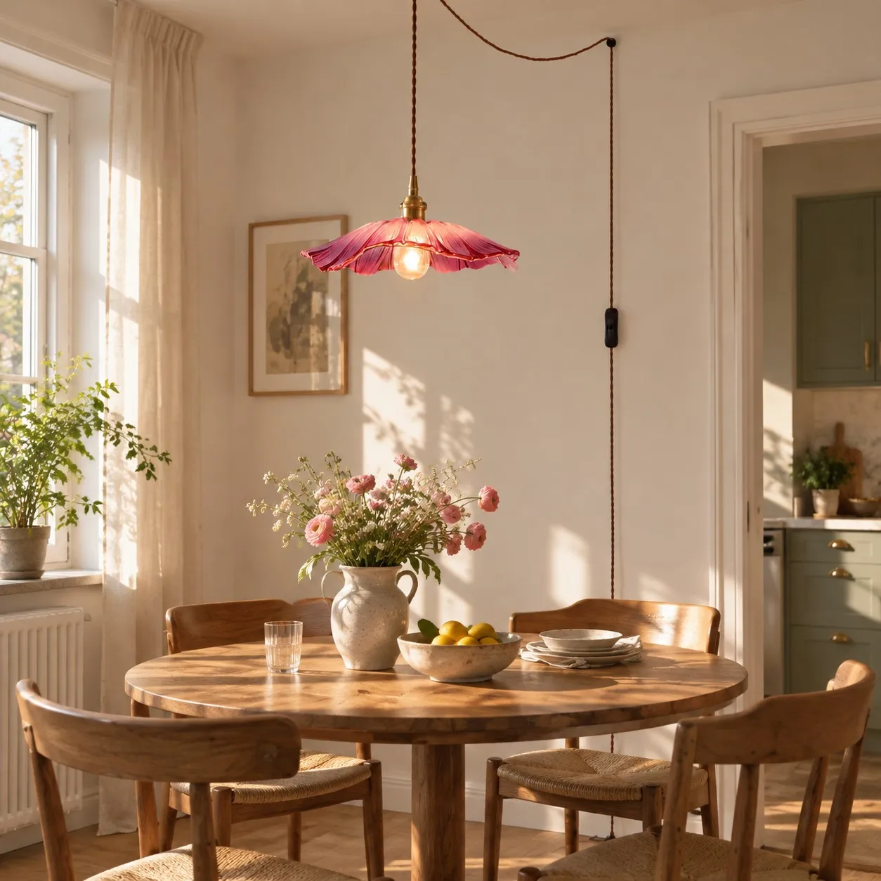 Roze Petal Glass plug-in hanglamp boven een eettafel in een huurwoning met zichtbaar snoer