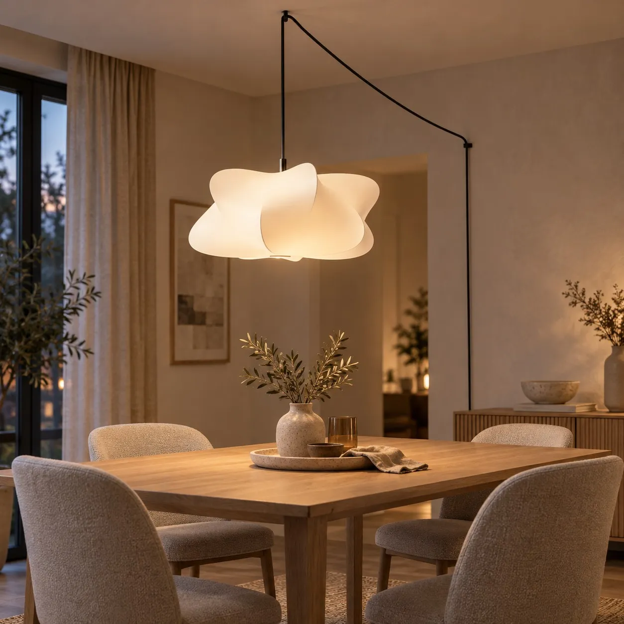 Colgante enchufable de hierro y seda blanca sobre una mesa de comedor con un ordenado cableado