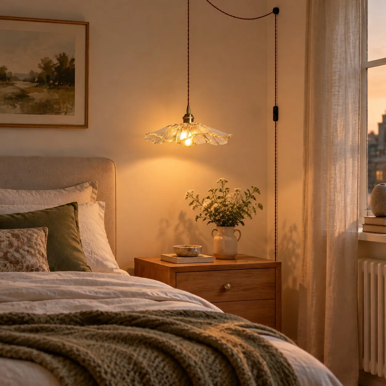 Heldere Petal Glass plug-in hanglamp naast een nachtkastje