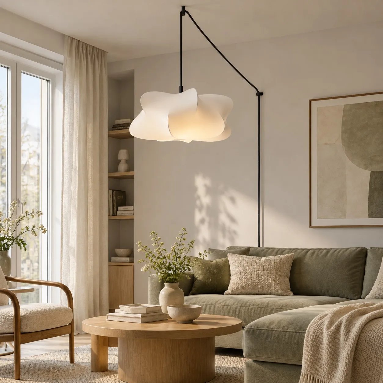 Colgante enchufable de hierro y seda blanca diseñado en una sala de estar alemana con cableado natural