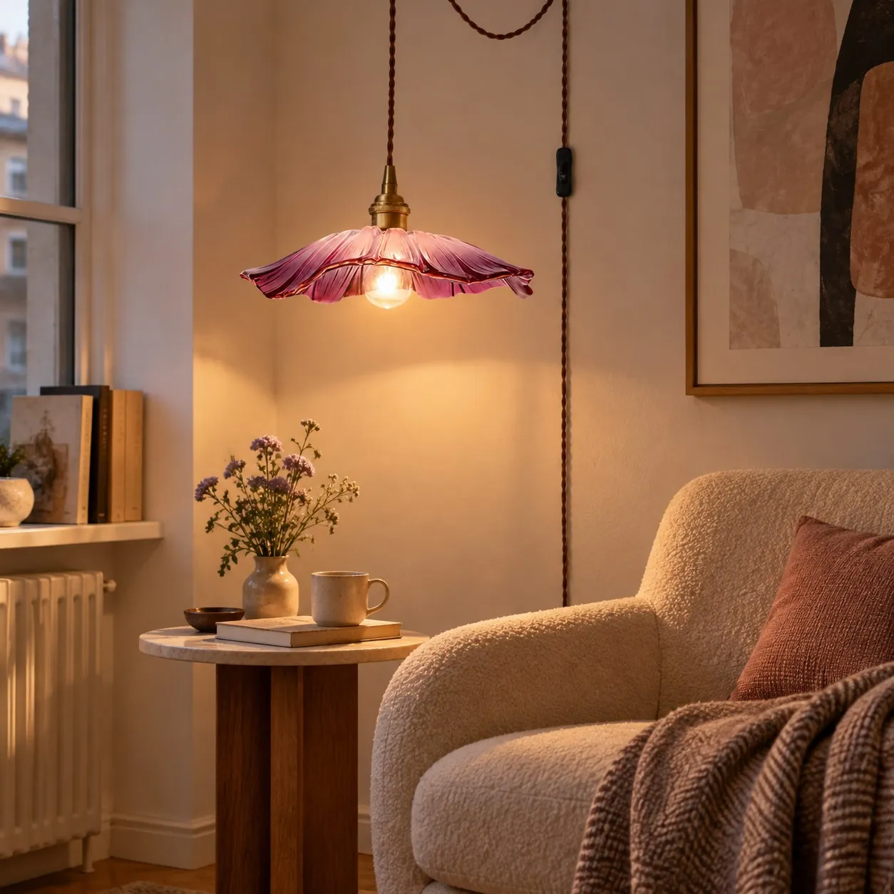 Roze Petal Glass plug-in hanglamp naast een stoel in de leeshoek