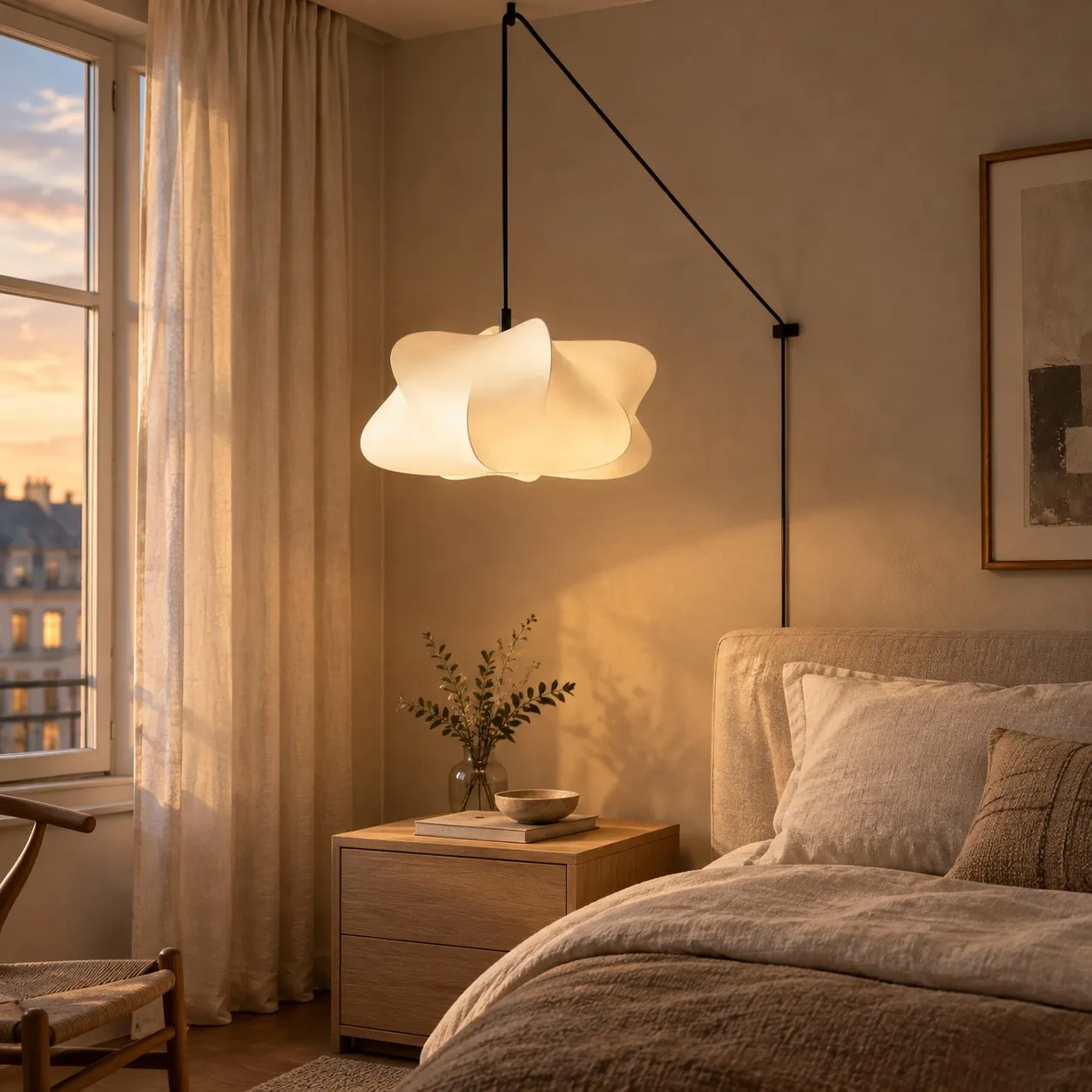 Colgante enchufable de hierro y seda blanca junto a la cama de un dormitorio con cableado visible