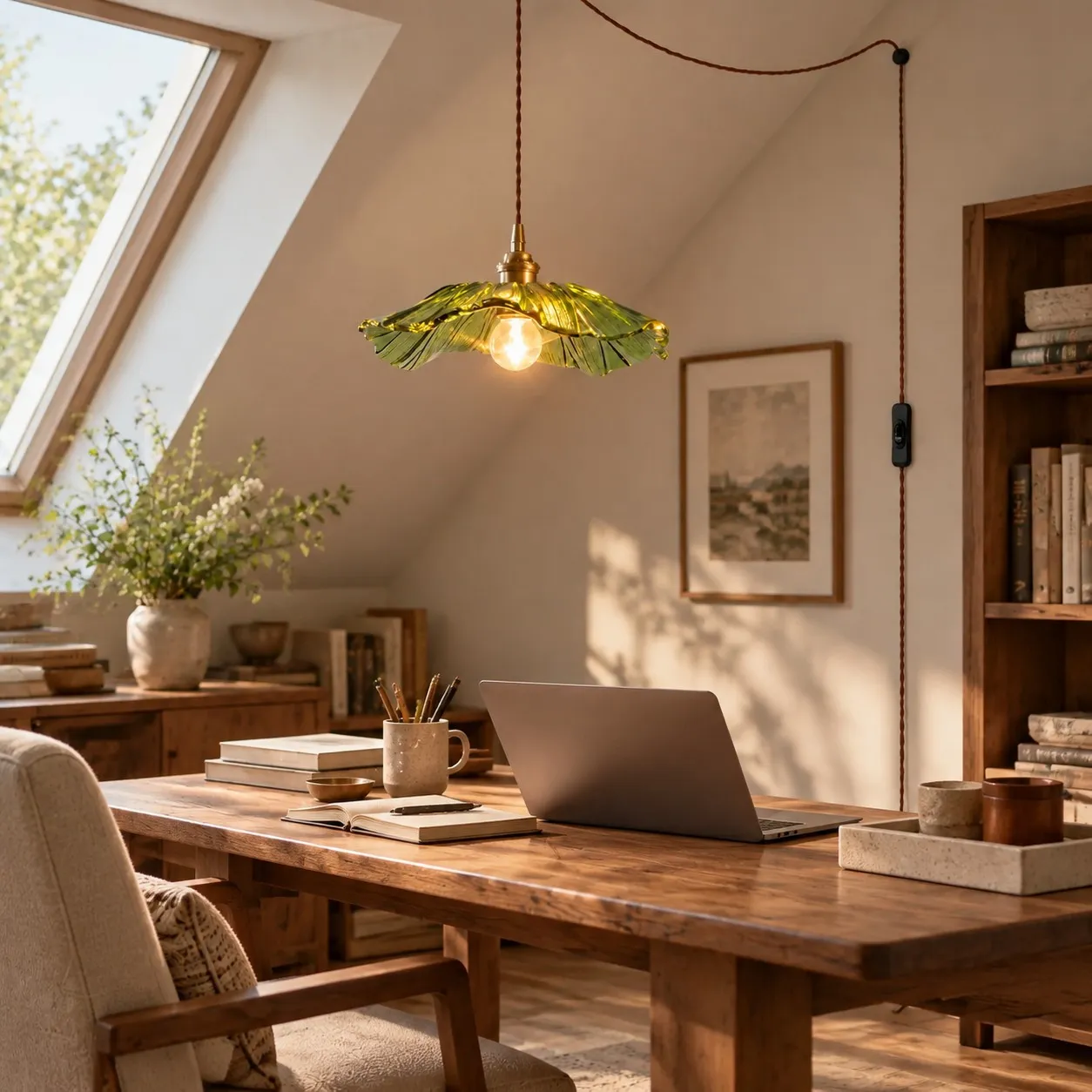 Groene Petal Glass plug-in hanglamp boven een bureau onder een schuin plafond
