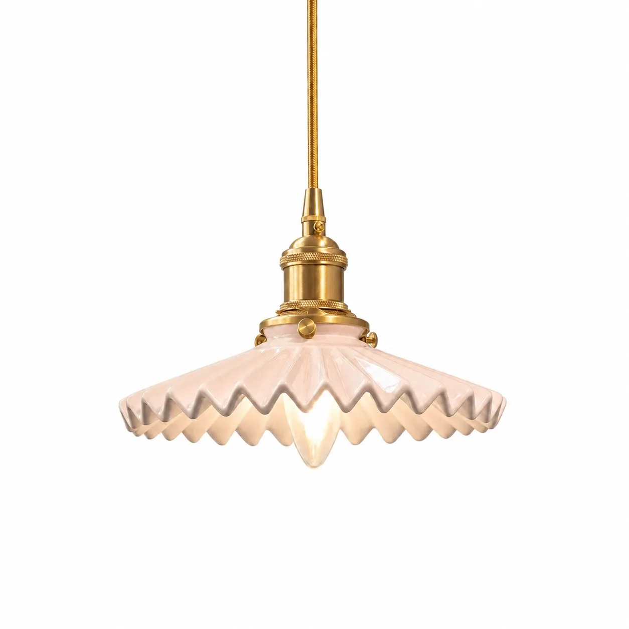 Pink pleated ceramic pendant light with brass-finish base
