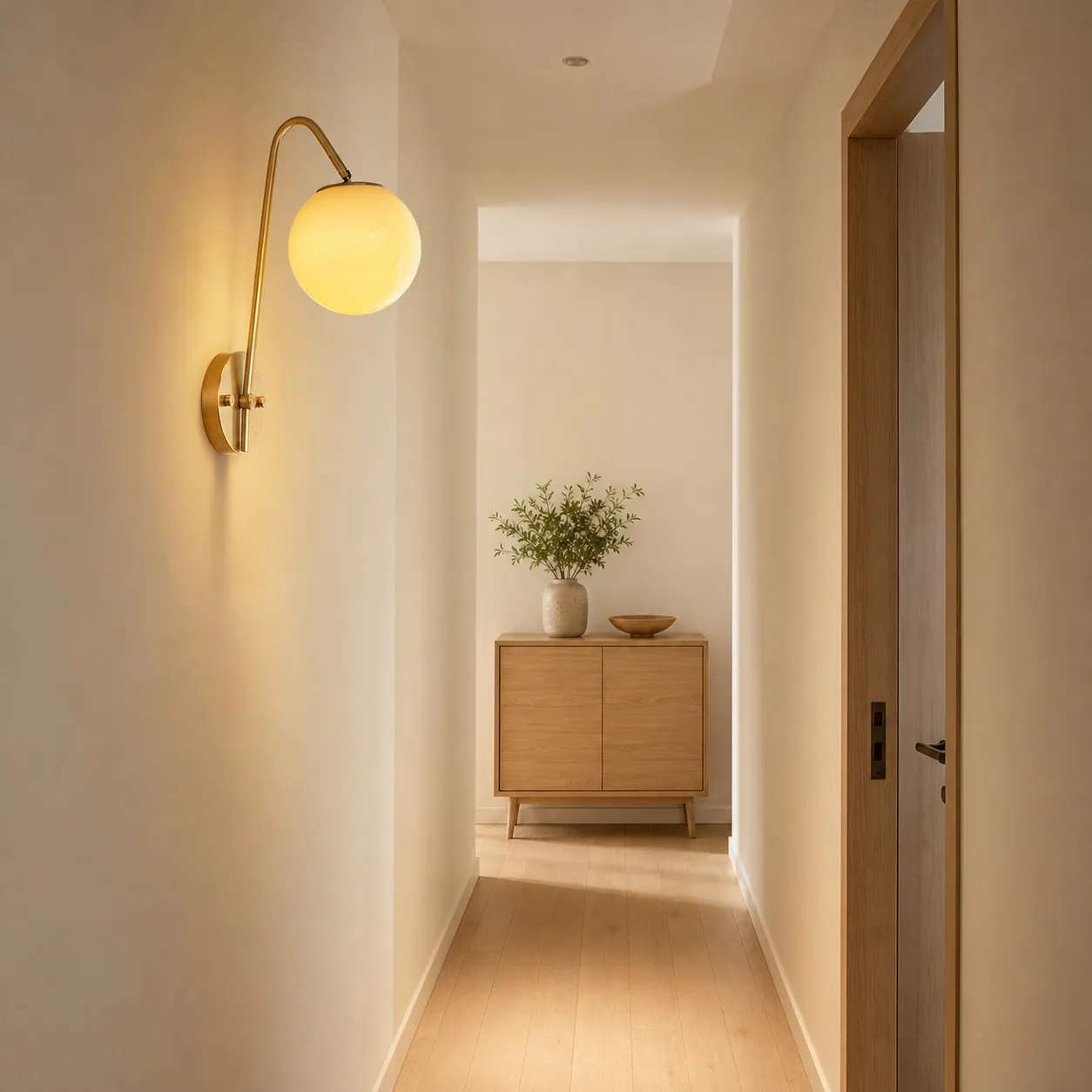 Brass glass wall light installed along a hallway wall