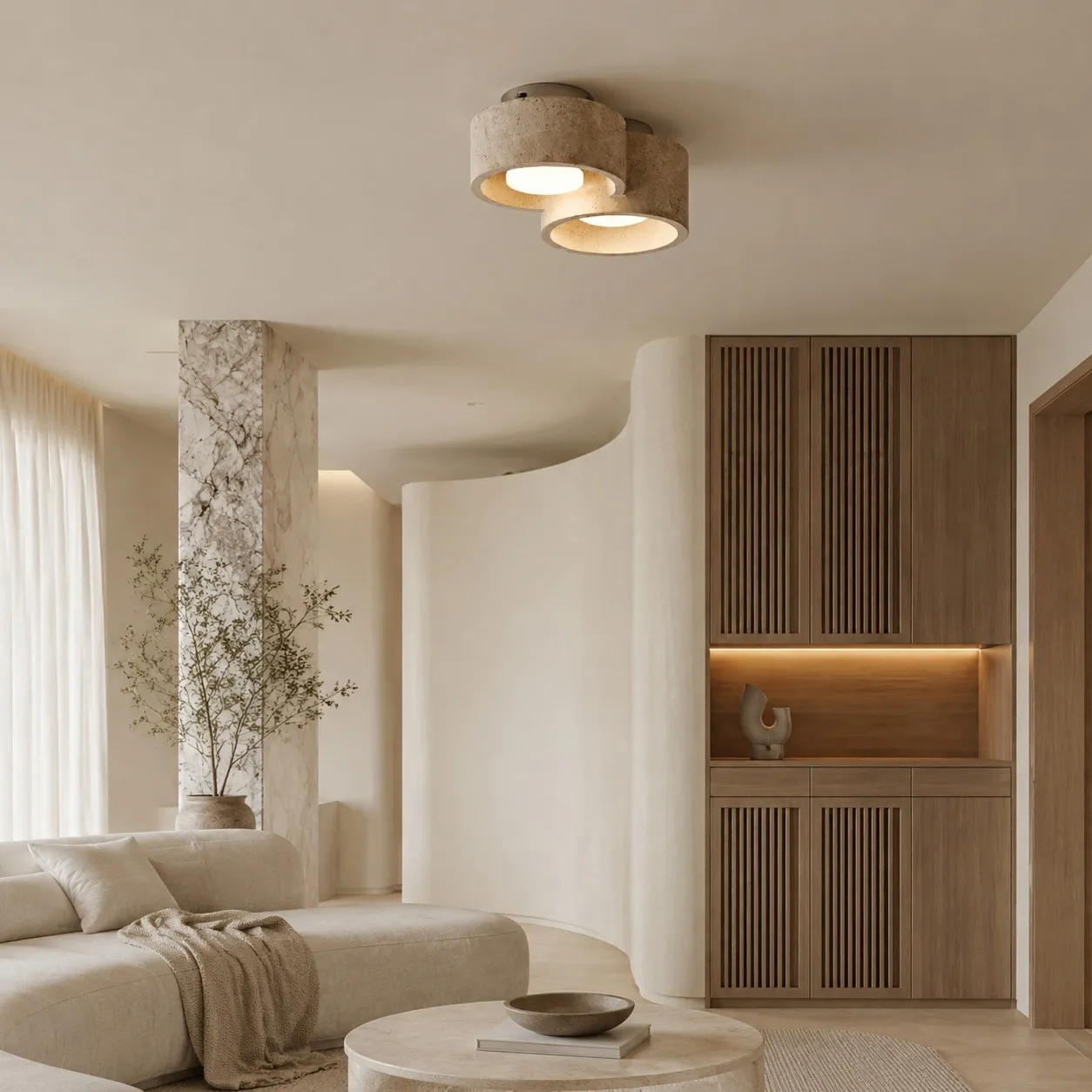 Two head travertine ceiling light in a warm living room
