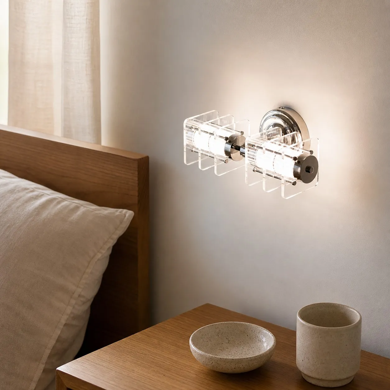 Horizontal Bauhaus acrylic chrome wall lamp in a bedroom wall setting