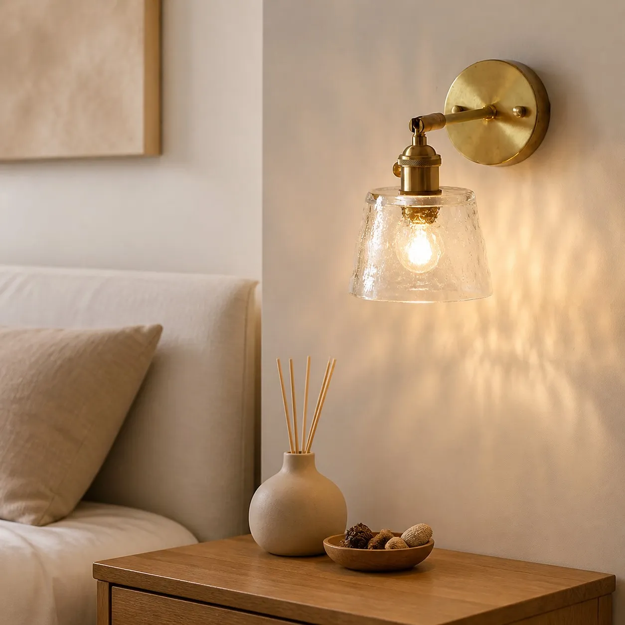 Clear brass glass wall sconce beside a bed