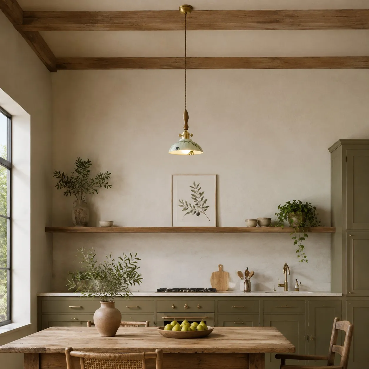 Botanical Glazed Ceramic Pendant Light with Brass-Tone Hardware - in a bright kitchen