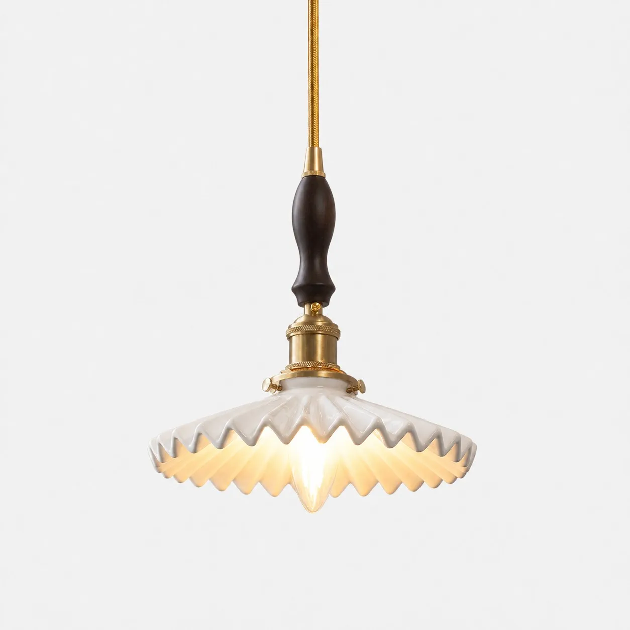 White ceramic pendant light with walnut wood accent