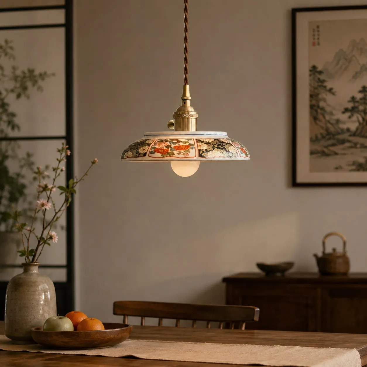 Ceramic pendant lamp in a warm tea-room setting with wall art background