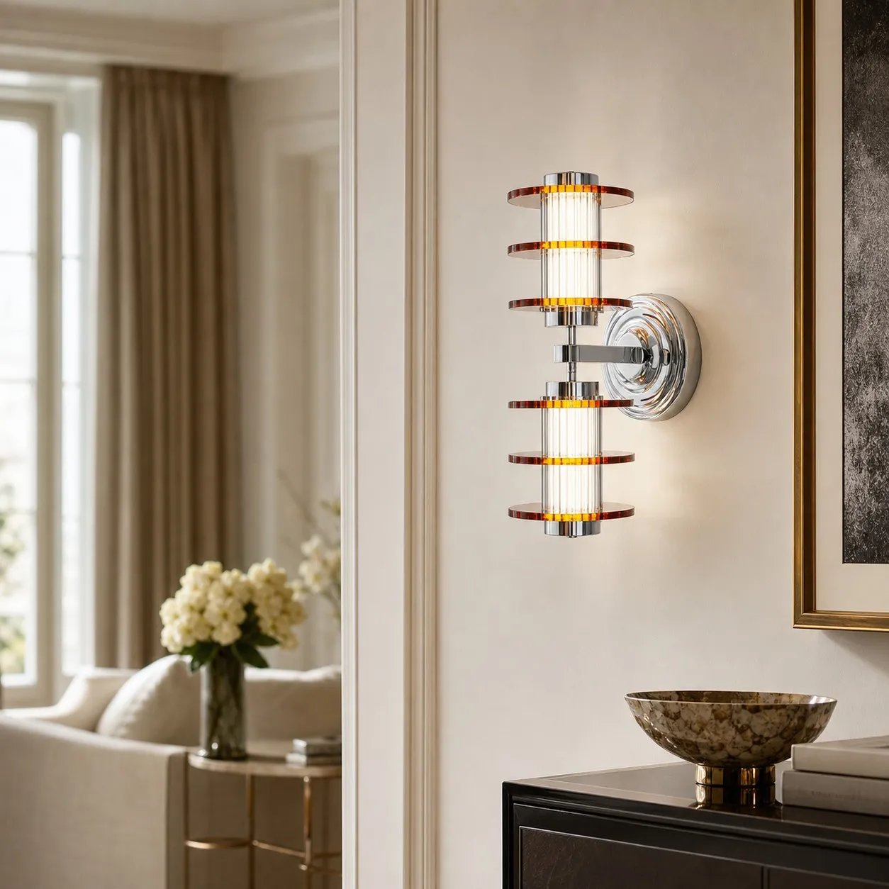 Vertical amber acrylic chrome wall lamp in an entryway setting