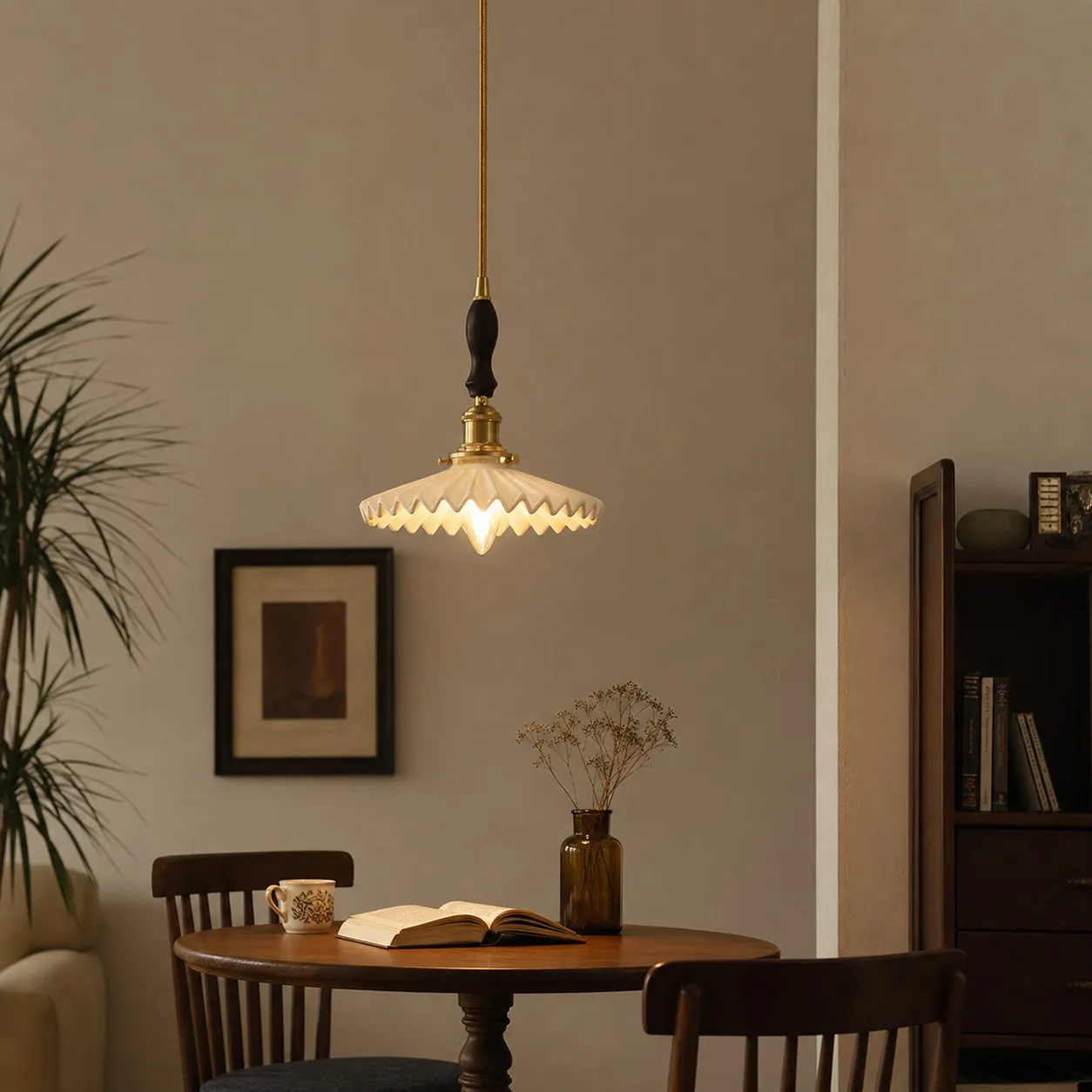 Walnut accent ceramic pendant light in a reading corner