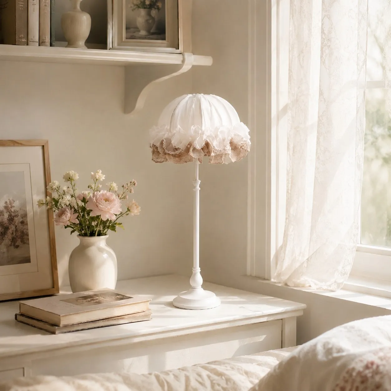 Ruffled table lamp beside flowers and a sunlit lace-curtain window