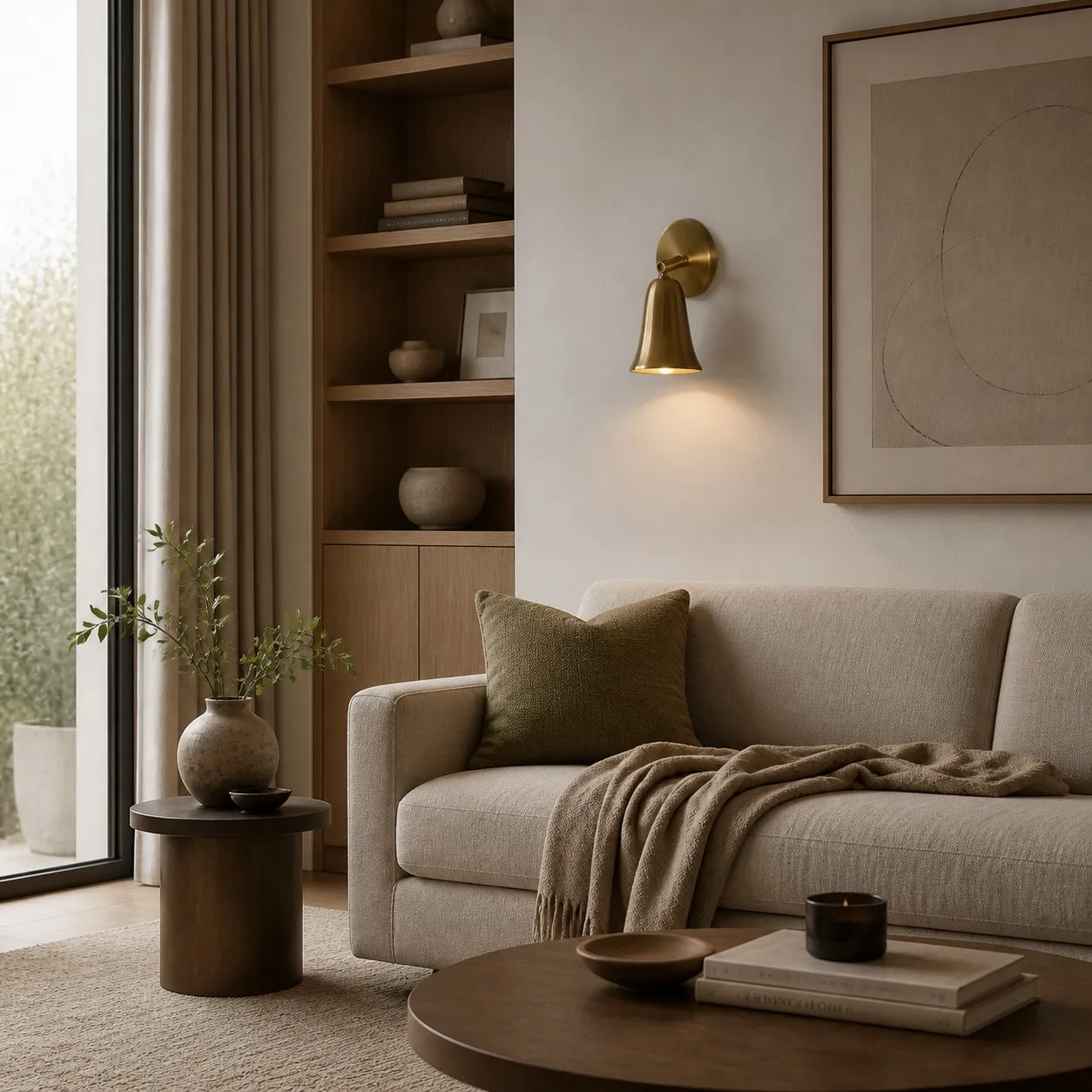 Brass bell shade wall sconce beside a sofa