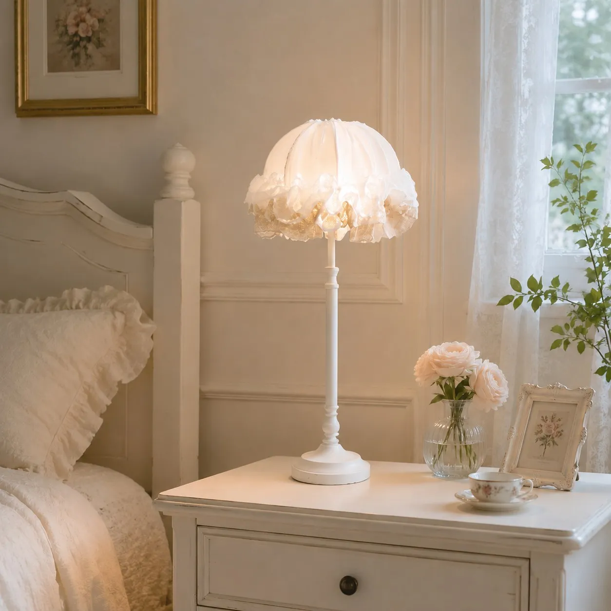 Ruffled table lamp glowing on a white bedside dresser in a bright bedroom