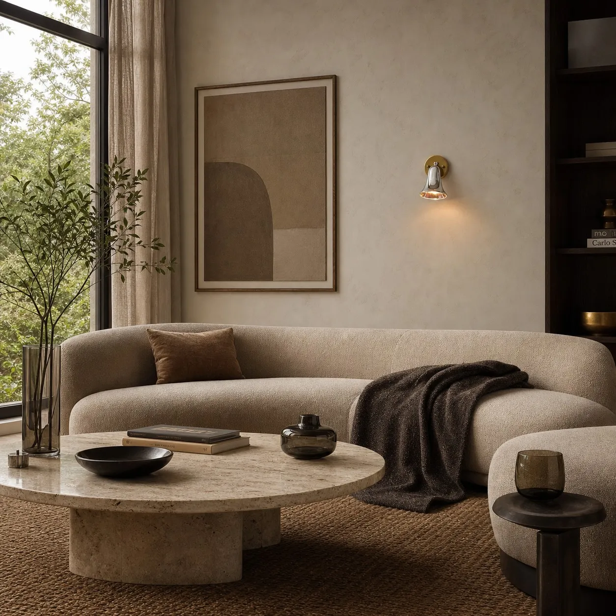 Brass wall sconce in a softly styled living room