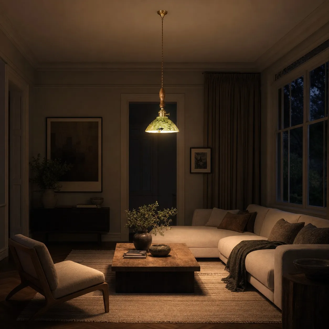 Botanical Glazed Ceramic Pendant Light with Brass-Tone Hardware - in a warm living room
