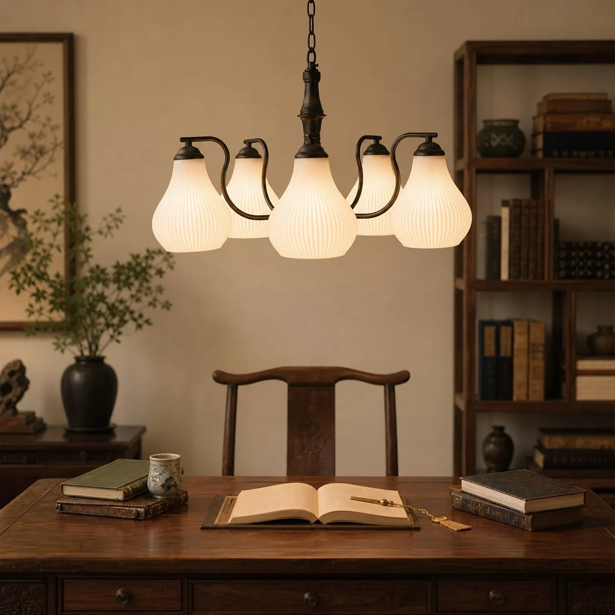 Vintage chandelier above a study desk with ribbed glass shades