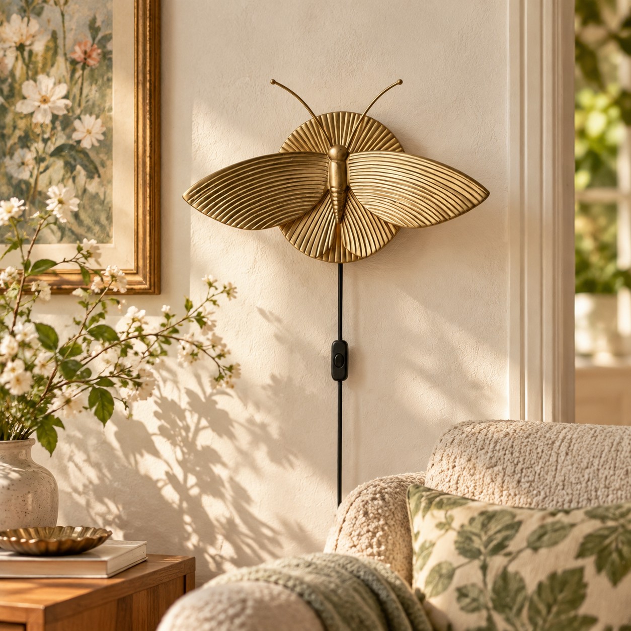 Gold moth wall sconce beside a sofa and floral artwork